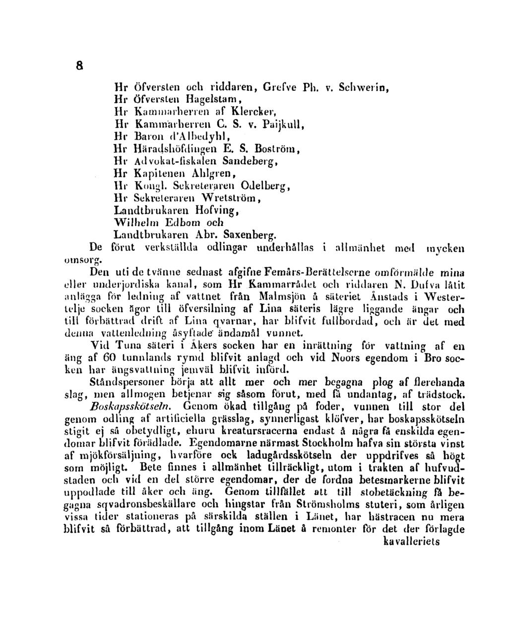 8 Hr Öfverslen och riddaren, Grefve Ph. v. Sehwerin, Hr Öfversten Hagelstam, Hr Kammarherren af Klercker, Hr Kammarherren C. S. v. Paijkull, Hr Baron d'albedyhl, Hr Häradshöfdingen E. S. Boström, Hr Advokal-fiskalen Sandeberg, Hr Kapitenen Ahlgren, Hr Knngl.