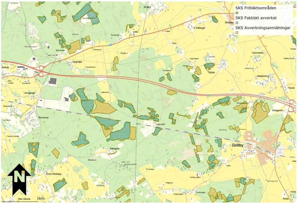 2.7. Övrigt Data från Skogsstyrelsen visar att större skogsområden i närheten av järnvägssträckan utgör avverkningsområden som antigen är avverkade eller anmälda för avverkning, se Bild 7 nedan.