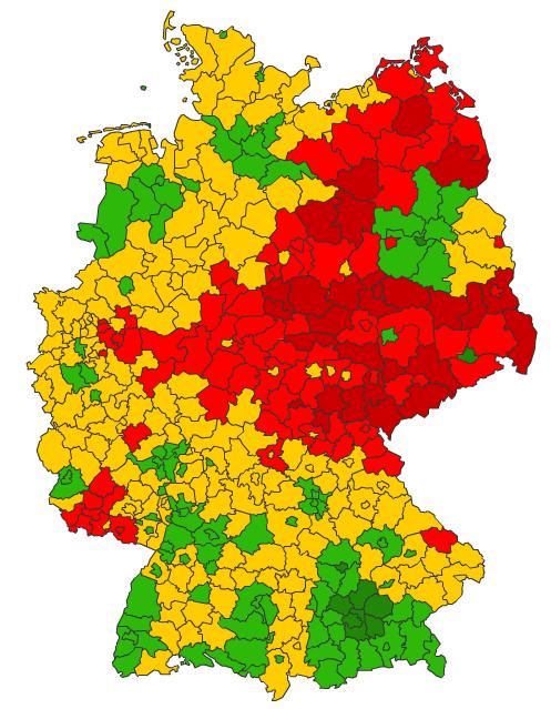 Demografi Tyskland Befolkningsförändring 2009-2030 Tysklands demografiska utveckling är starkt präglad av den historiska uppdelningen i Öst- och Västtyskland.