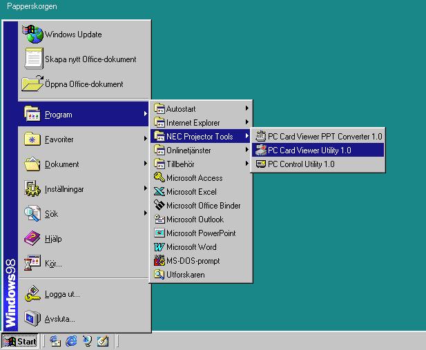 2. Sätt i CD-ROM-skivan i CD-ROM-läsaren. Datorns funktion för automatisk avspelning av CD-ROM startar, prograet på CD-ROM-skivan startar och skivans innehåll visas på skärmen.