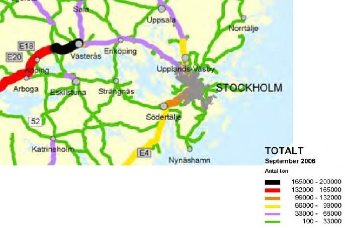 samtliga riskklasser var representerade. Även på väg 55 transporteras farligt gods. För den totala bilden av transporter under september 2006, se figur 18. Figur 19.