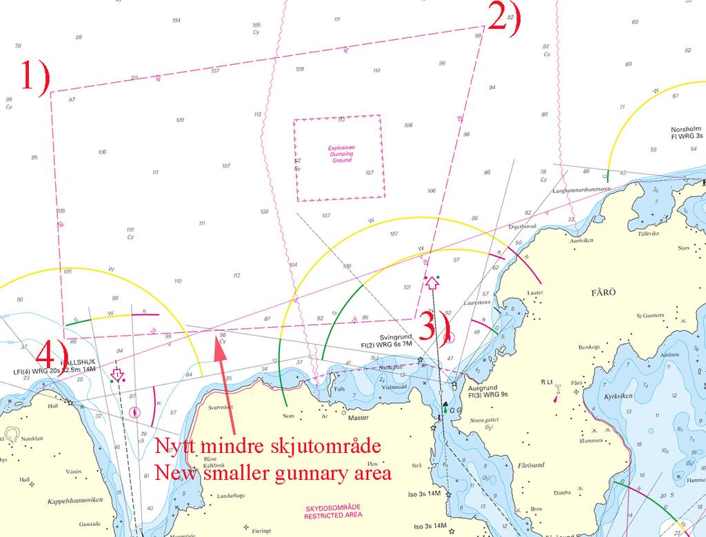 11 Nr 219 Sweden. Central Baltic. Gotland. Fårö. Amendment to gunnary exercise area. Remove the gunnary exercise area north and east of Gotland as shown in attached chartlet.