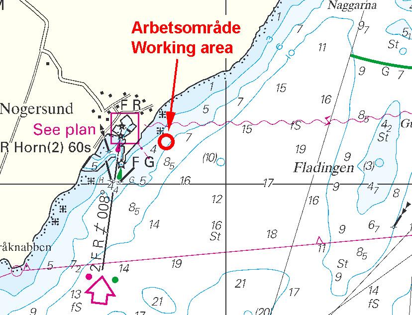 15 Nr 219 * 5054 (T) Sjökort/Chart: 822 Sverige. Södra Östersjön. Nogersund. Rester av vindkraftverk avlägsnas. Arbetsområde. Utmärkning.