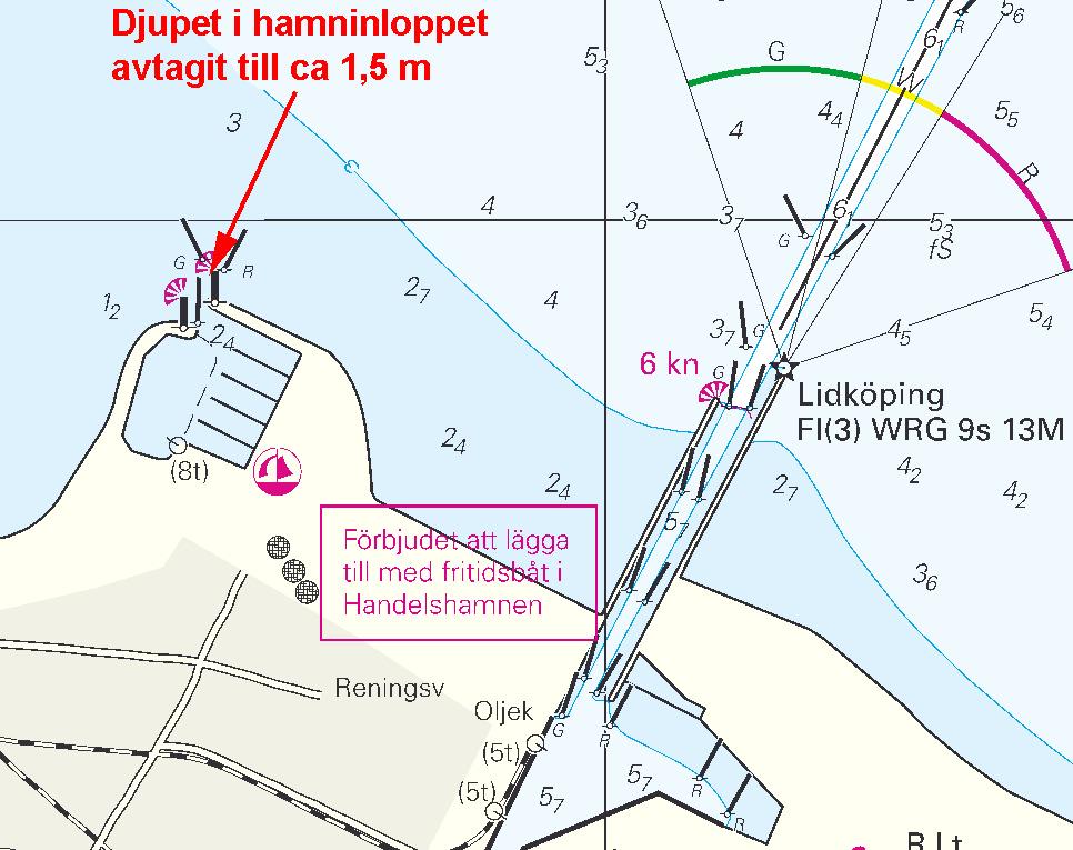 23 Nr 219 Vänern och Trollhätte kanal / Lake Vänern and Trollhätte kanal * 5052 (T) Sjökort/Chart: 135 Sverige. Vänern. Lidköping. Småbåtshamnen. Minskat djup.