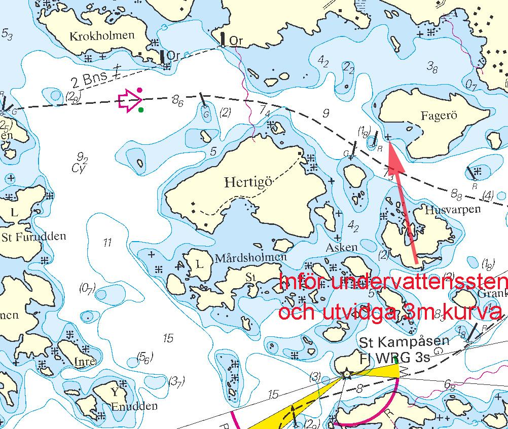 Nr 219 6 * 5036 Sjökort/Chart: 617, 6211 Sverige. Norra Östersjön. NO om Oxelösund. V om Fagerö. Undervattenssten och djupkurva. Ett grund har upptäckts väst om Fagerö enligt nedan.