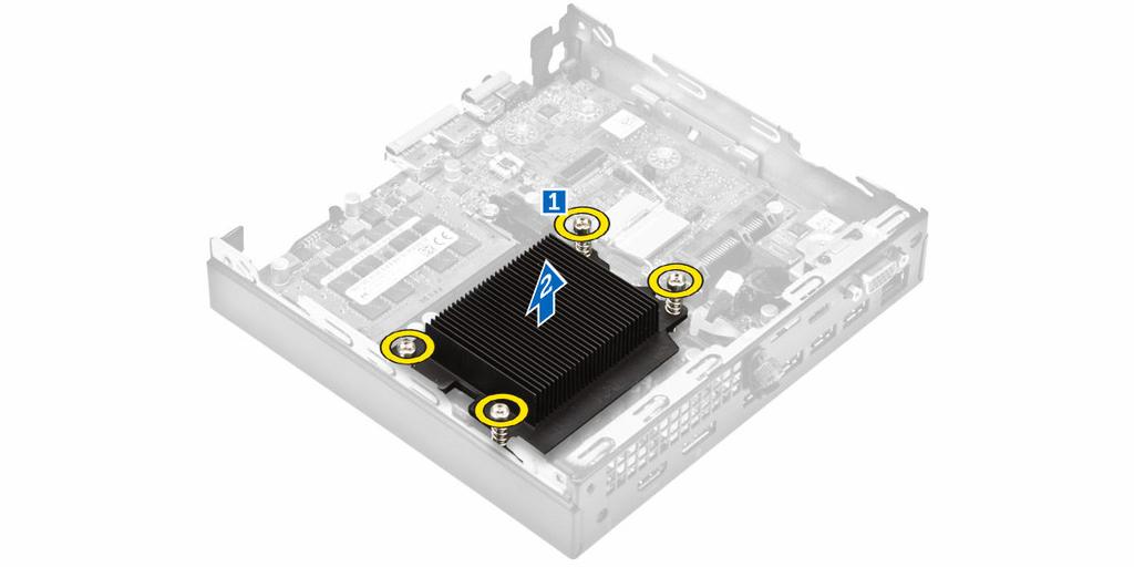Installera kylflänsen 1. Placera kylflänsen på processorn. 2. Dra åt fästskruvarna som håller fast kylflänsen mot moderkortet. 3. Installera: a. systemfläkten b. hårddiskmonteringen c. kåpan 4.