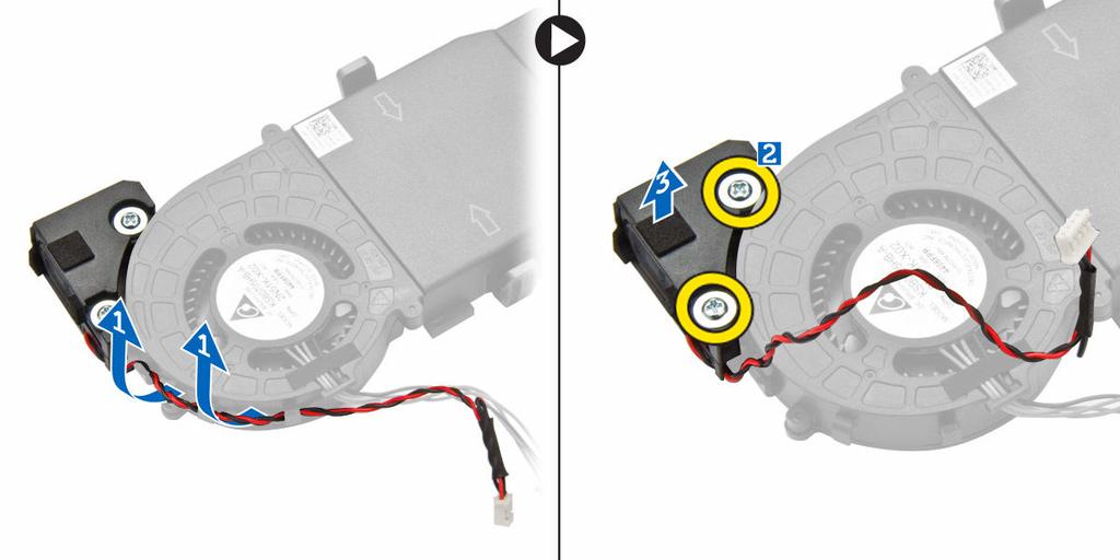Installera högtalaren 1. Rikta in urtagen på högtalaren med urtagen på systemfläkten. 2. Dra åt skruvarna som håller fast högtalaren i systemfläkten. 3.