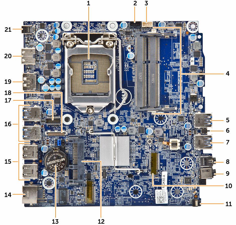 5. Installera: a. processorn b. kylflänsen c. systemfläkten d. VGA-kortet e. hårddiskmonteringen f. kåpan 6. Följ anvisningarna i När du har arbetat inuti datorn. Moderkortlayout 1. Processor 2.