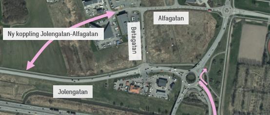 Figur 28: Princip av föreslagen koppling mellan Alfagatan och Jolengatan Kopplingens påverkan på trafikflödena i trafiksystemet på dygnsnivå illustreras av Figur 29 nedan, hämtad från det