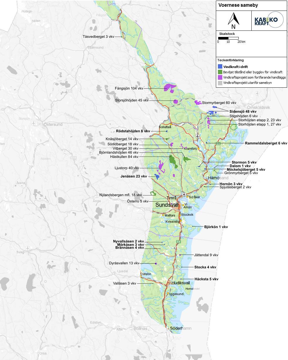 77 (126) Karta visar Voernes sameby södra delen (delning enbart redovisningsteknisk) Förvaltningen Kartan anger Voernese sameby i grönt- och vindkraftsintressen nuläge i samma område.