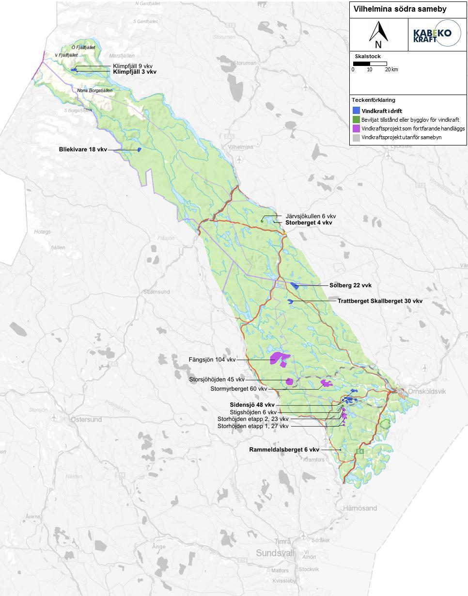 79 (126) Karta Vilhelmina södra sameby och vindkraftsintressen Förvaltningen Kartan anger Vilhelmina södra sameby
