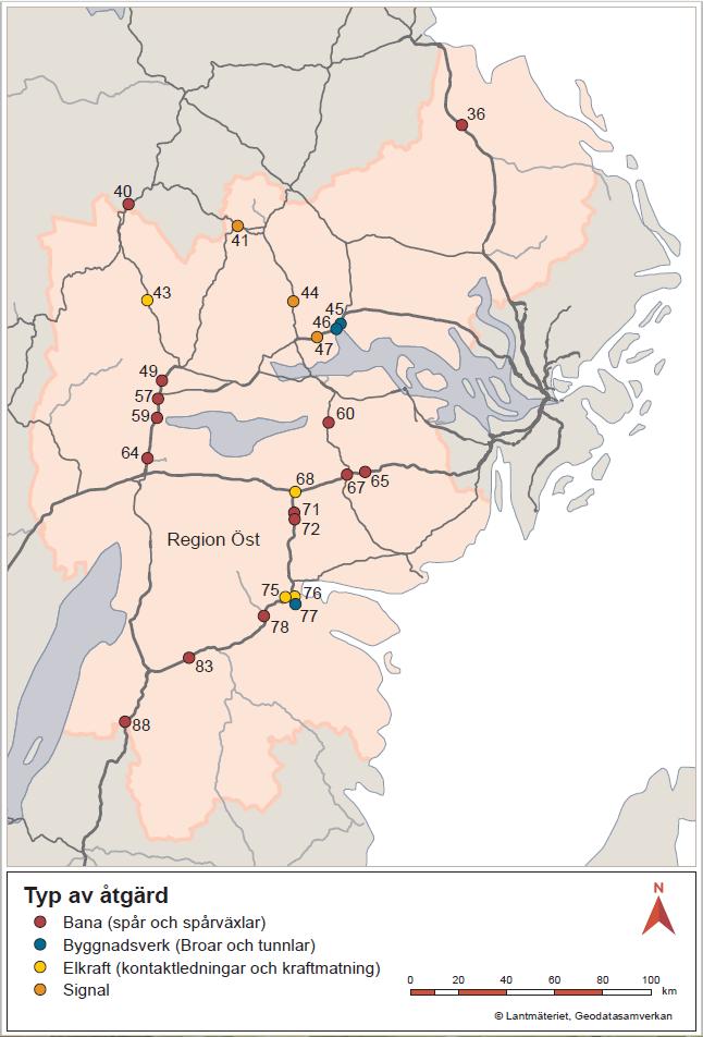 Åtgärder i region Öst Större reinvesteringar (>10 mnkr) samt