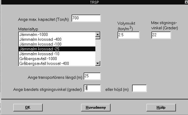 2. Här anger du max. kapaciteten i ton/h. Du anger materialtyp genom att klicka på önskat material så att den blir markerad.