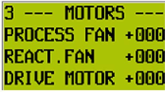 6.4.3 Fönster 3, Motorstatus I detta är det enkelt att kontrollera status (on/off) för motorerna för process- och regenereringsfläktarna samt drivmotorn (Off = +000, On = +001). Figur 6.
