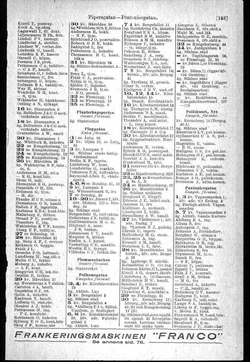 Kinell T, 'poatexp. Kock A, op.sång.: Lagerwall I, fil. dokt. Liljencrantz E Th, frib. Lindell P V, kartogr. Lindkvist A, skriftst. Lindner W, verkst.dir, Lindroth 0, handl.