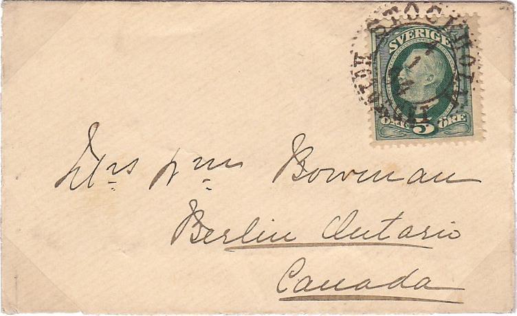 3. KORSBAND Utrikes trycksaker Trycksak till Kanada, 1:a viktklassen (högst 50 gram), porto 5 öre Stockholm 4/1 1894 Berlin Ont.