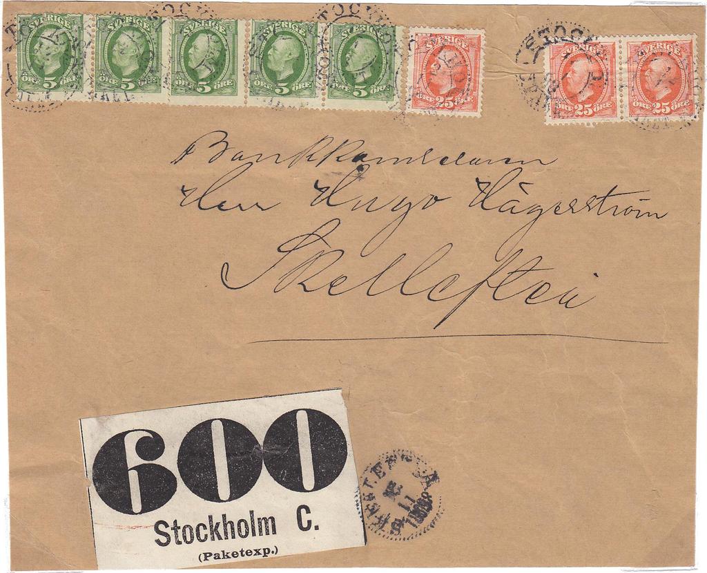 4. PAKET Inrikes paketomslag Inrikes paket (del av omslaget), vikt 1½-3 kg, porto 100 öre Stockholm 12/11 1898 Skellefteå 15/11 1898 Frankering på paketomslaget.