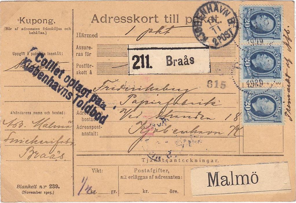 4. PAKET Utrikes mellanrikspaket Mellanrikspaket till Danmark, vikt ½ kg, porto 30 öre