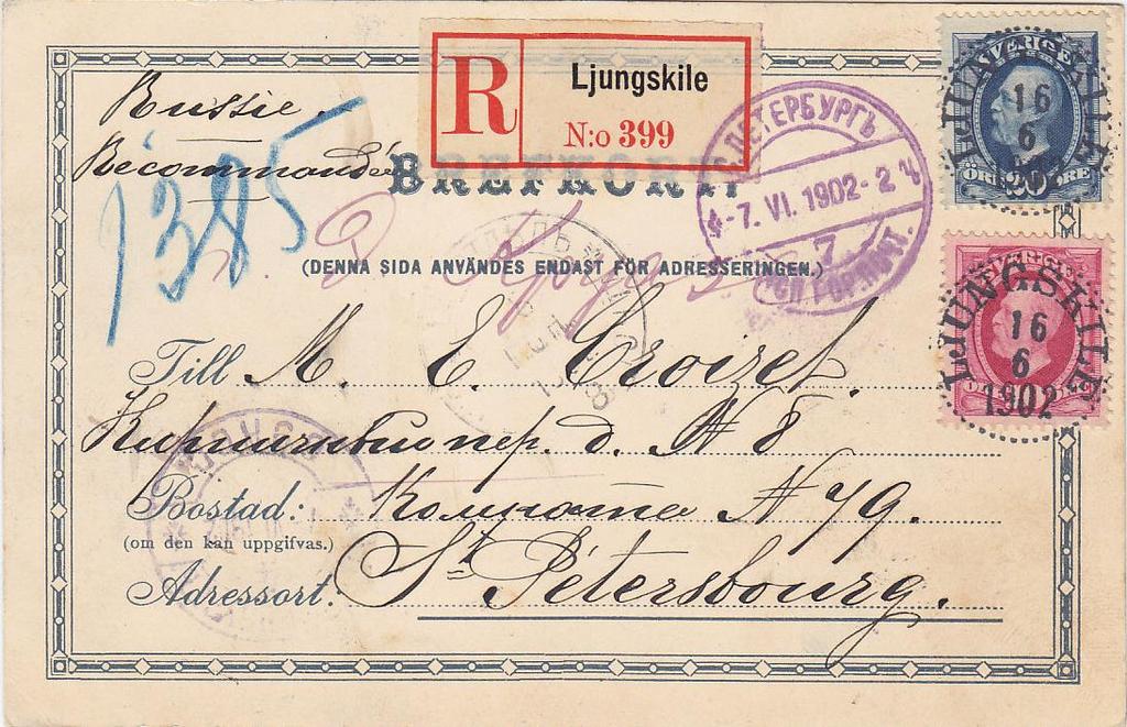 5. REKOMMENDATION Utrikes brev och brevkort Brev till Holländska Ostindien, 1:a viktklassen, rekommenderat Westerås 25/11 1893 PKXP No. 2 A Utr. Exp.