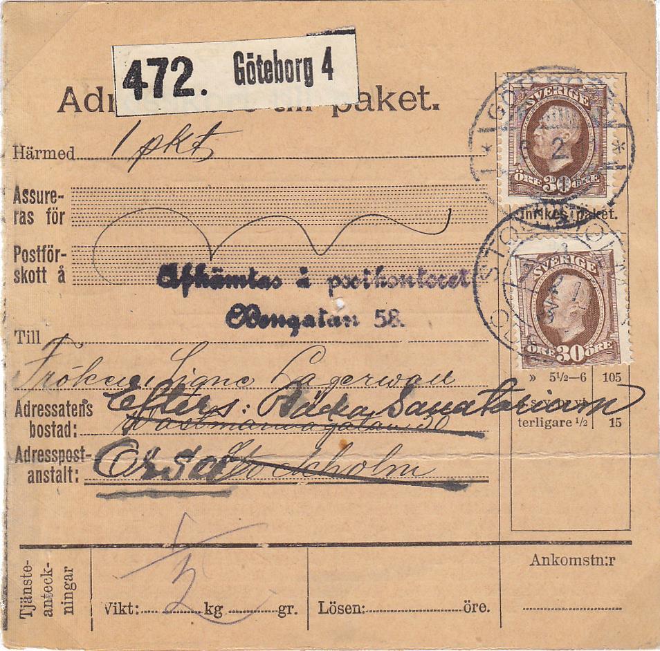 4. PAKET Inrikes paket, eftersändning och provisorisk paketetikett Inrikes paket, vikt ½ kg (högst 1 kg), porto 30 öre Göteborg 6/2 1911 Stockholm 7/2 1911 Eftersänt från Stockholm