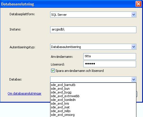 Skapa en databasanslutning Skapa en anslutning till fastighetskartan: 1. Öppna ArcCatalog-fliken till höger i ArcMap (ArcCatalog går även att nå som ett separat program) 2.