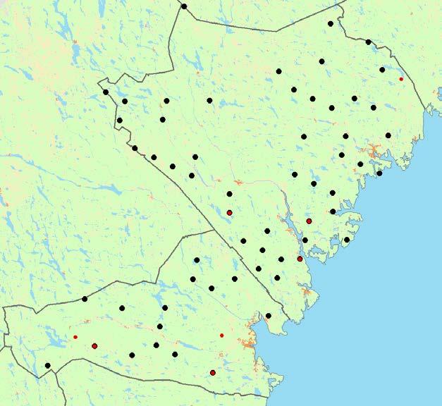 Figur 1. Permanenta provytor i Riksskogstaxeringen (RT) vilka ingick i NRS inventering av barkborreangrepp på gran och vindfällen av gran i äldre gallringsoch slutavverkningsmogen granskog.