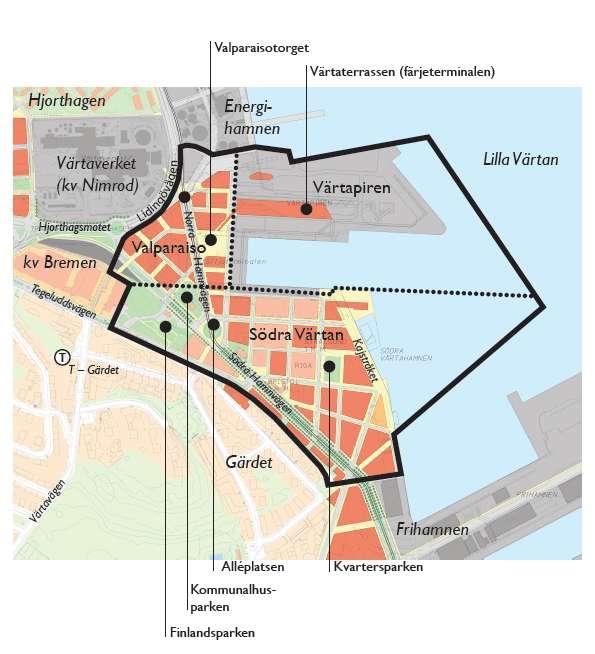 för gång och cykel. Vägar, höjdskillnader och vatten utgör barriärer som annars riskerar att området upplevs avskärmat.