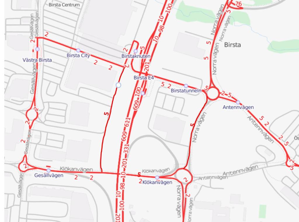 repo001.docx 2012-03-29 Figur 3.1: Busslinjekarta för Birsta ( OpenStreetMap contributors). Enligt statistik från Din tur är hållplasten Birsta City den tredje största i stadstrafiken.