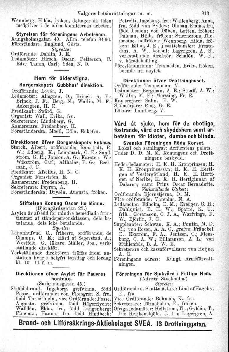 Välgörenhetsinrättningar m. m. 813. Wennberg, Hilda, fröken, deltager då tiden I Petrelli, Ingeborg, fru; Wallenberg, Anna, medgifver i de olika kemiteernas arbeten.