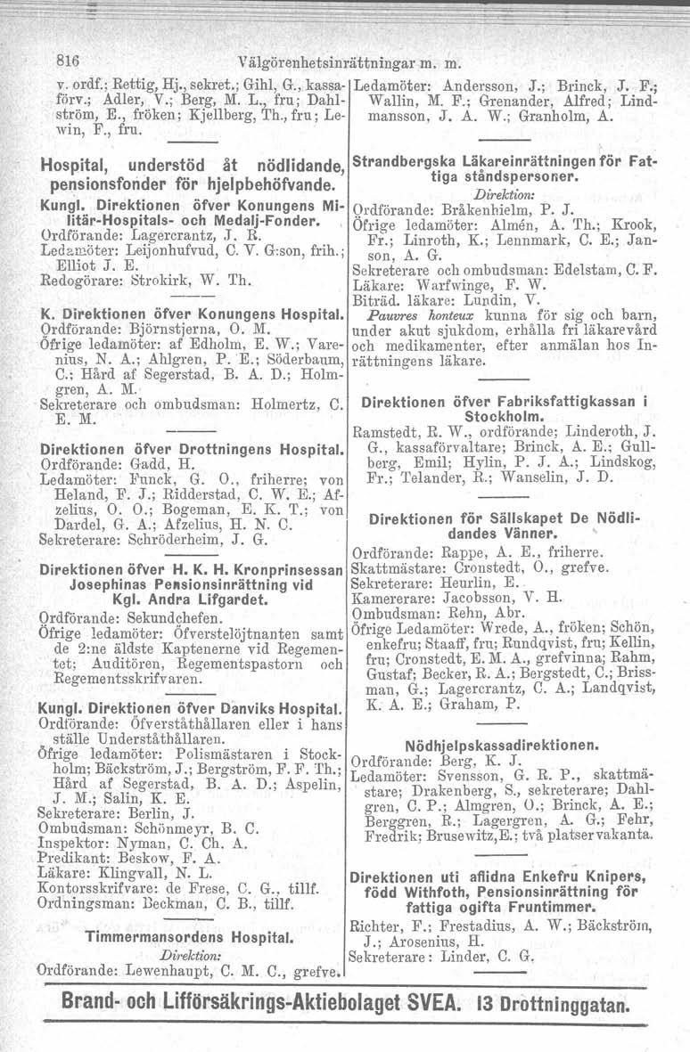 816 Välgörenhetsinrättningar m. m. v. ordf.: Rettig, Hj., sekret.: Gihl, G."kassa- Ledamöter: Andersson, J.; Brinck, J. F.; förv.; Adler, V.; Berg, M. L., fru; Dahl- Wallin, M. F.; Grenander, Alfred; Lindström, E.