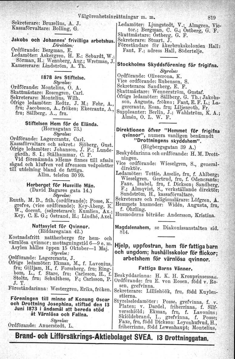 Välgörenhetsinrättningar m. m.,'seki-eterare: Bruzelius, A.. J. Ledamöter: Ljungstedt, V.:.. Almgren, Vie- Ka~saförvaltare: Bolling,G. tor:.; Bergman, C. G.; Ostberg, G. F,.