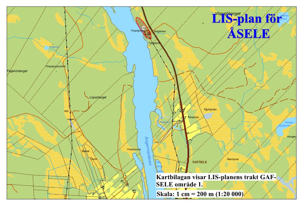 3. Gafsele Allmän beskrivning Gafsele ligger ca 20 km söder om Åsele i riktning mot Sollefteå efter riksväg 90. LIS-området ligger norr om byn vid den f.d. campingplatsen Solgläntan.