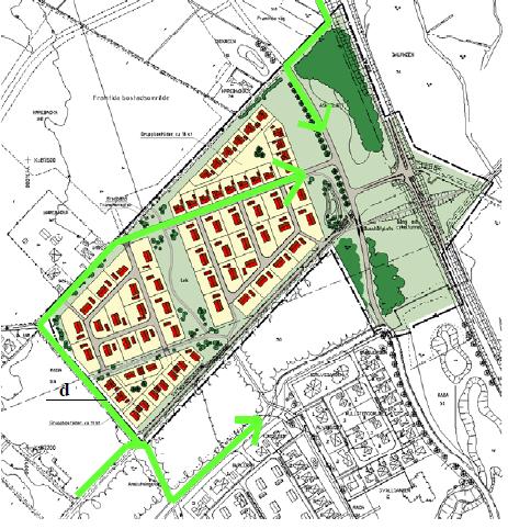 Planerad bebyggelse och tänkt trafikmatning (karta hämtad från Utställningshandling - detaljplan för Askeslätt, etapp 1,