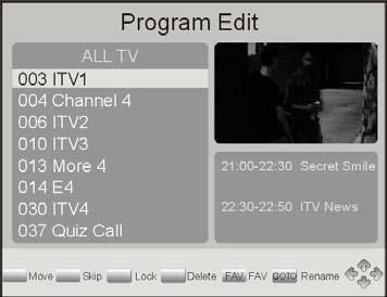 (2) Programredigering För att redigera dina programreferenser (lås, hoppa över, favorit, flytta eller radera), måste du gå in i menyn Program Edit. Åtkomst av denna meny kräver lösenord.