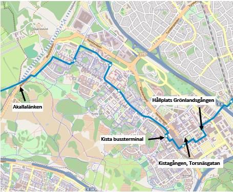 Sida 5 (15) Figur 2 Översikt över platser där trimningsåtgärder utförs längs stomlinje 178; hållplats Grönlandsgången, längs Kistagången och Torsnäsgatan, i Kista bussterminal samt i anslutning till