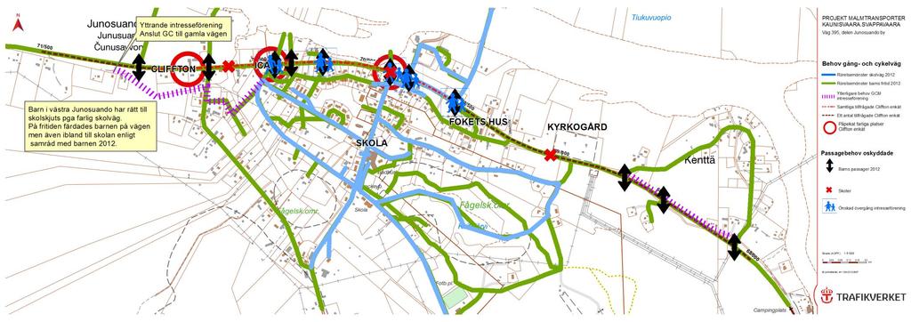 Barnperspektiv och rörelsemönster I korsningen Kyrkogatan/ väg 395 brukar det komma bilar i full fart, då bir jag rädd. Farlig plats, dålig sikt på grund av kurva!