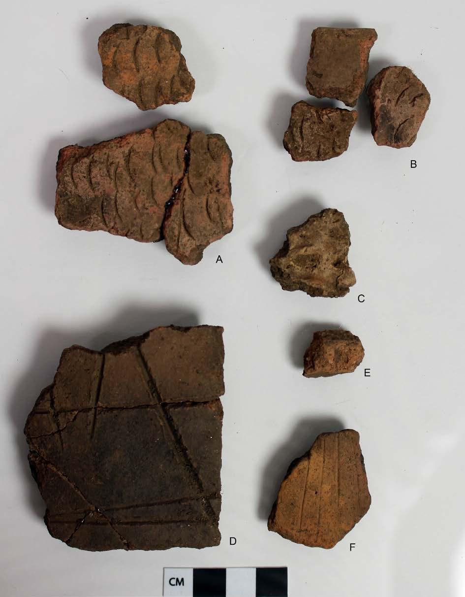 Fig. 10. Ornerad keramik daterad till yngre bronsålder. A) F252. B) F353. C) F159. D) F7. E) F159. F) F365.