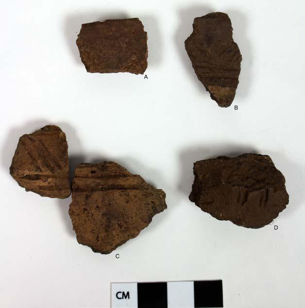 Fig. 11. Keramik från romersk järnålder och folkvandringstid. A) F270. B) F241. C) F202. D) F239. Fig. 12. Mynningsskärva från en kopp som har daterats till romersk järnålder och folkvandringstid.