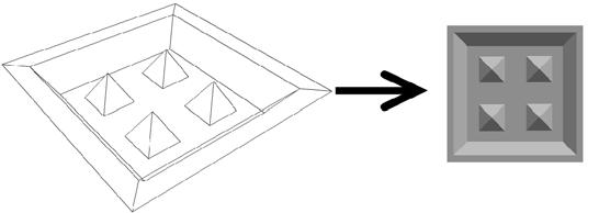 medan den med färre används i spelet tillsammans med den genererade normalmappen och en vanlig färgtextur. Fig. 13. Från högupplöst 3D-modell genereras en normal map. Fig. 14.