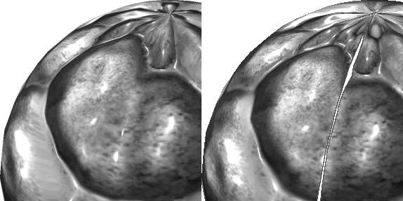 Vid test på sfären såg man tydligt hur parallax-mapping drar upp pixlarna till den höjden de ska ligga på, enligt höjdkartan.