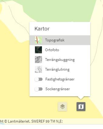 Du kan byta bakgrundskarta i kartfönstret genom att klicka på ikonen för kartor som du ser i nedre högra hörn. Där kan du också tända och släcka lagren med fastighetsgränser och sockengränser.
