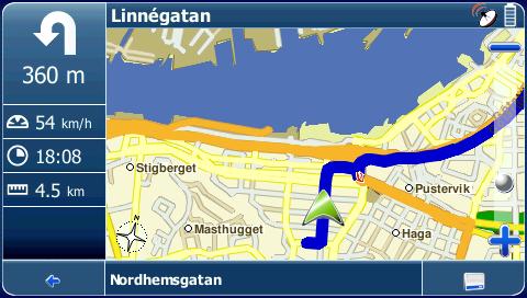 Hastighet Uppskattad ankomsttid Zooma ut Avstånd till målet Riktning Position GPS-position Zooma Tillbaka Inforuta: namnet på aktuell position Meny Navigeringsskärmen visar din rutt (blått) och