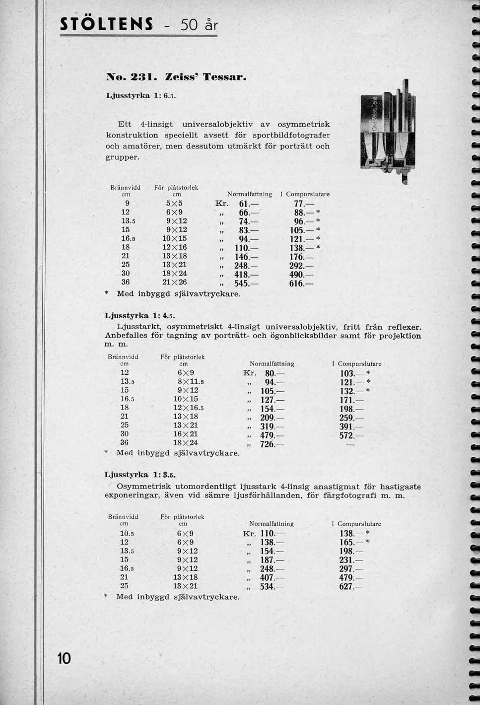 STOLTENS 50 ar No. 231. Zeiss' Tessar. Ljusstyrka 1: 6.3. Ett 4-linsigt universalobjektiv av osymmetrisk konstruktion speoiellt avsett for sportbildfotografer och amatorer, men dessutom utmarkt for portratt och grupper.