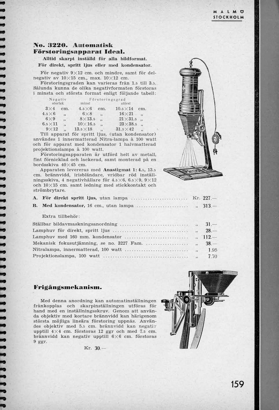 No. 322«. Automatisk F6rstoriiigssipps*rat Ideal. AUtid skarpt installd for alia blldformat. For direkt, spritt ljus eller med kondensator. For negativ 9X12 cm.