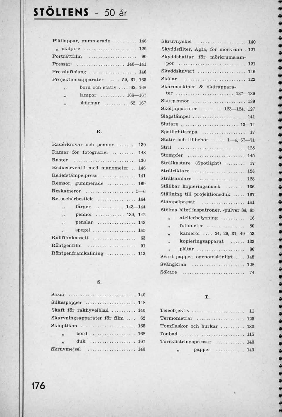 STOLTENS 50 ar Platlappar, gummerade 146 skiljare 129 Portrattf ilm : 90 Pressar 140 141 Pressluftslang 146 Projektionsapparater 59, 61, 165 bord och stativ 62, 168 lampor 166 167 skarmar 62, 167 R.