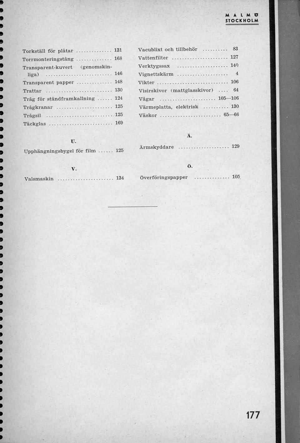 M A L M D STOCKHOLM Torkstall for platar 131 Torrmonteringstang 168 Transparent-kuvert (genomskinliga) 146 Transparent papper 148 Trattar 130 Trag for standframkallning 124 Tragkranar 125 Tragsil 125