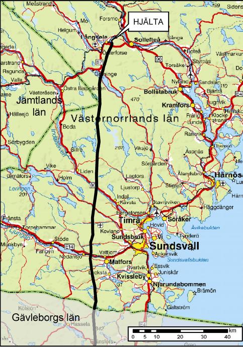 Ledningen berör den allra ostligaste spetsen av Ragunda kommun i Jämtlands län och löper sedan in i Sundsvalls kommun och vidare söderut.