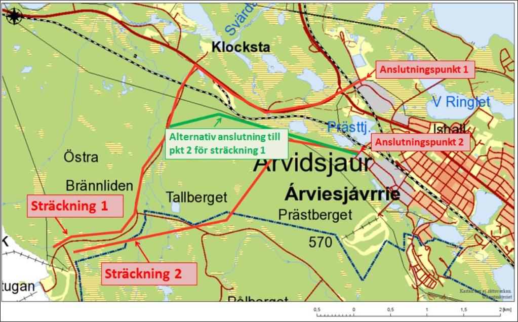 En alternativ sträckning är att dra ledningarna enligt sträckning 1 större delen av sträckan men att vika av med ledningsdragningen innan järnvägen för anslutning i punkt 2, se grönmarkerad