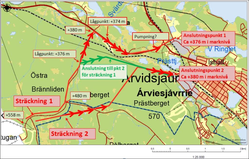 Figur 2. Var längs sträckan som pumpning av avlopp/trycksatt avlopp (fetmarkerade pilar) kan komma att krävas för Alternativ A. Placering av pumpstationer blir i lågpunkterna innan tryckavlopp.