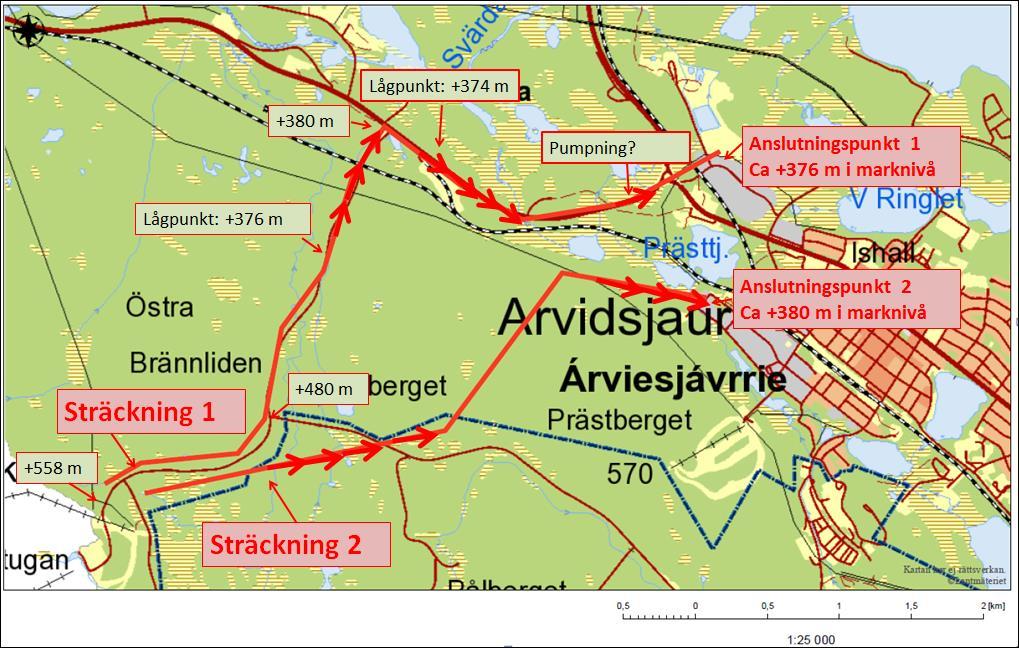 . Figur 1. Sträckning 1 med anslutning i anslutningspunkt 1 för Alternativ A.